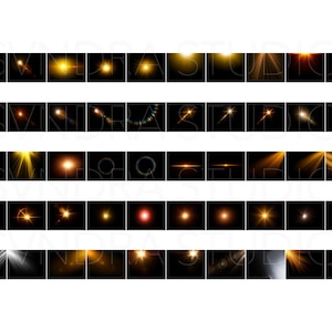 May include: A collection of digital lens flare effects in various shapes and colors, including white, yellow, and orange. The flares are set against a black background, with some featuring streaks and starbursts.