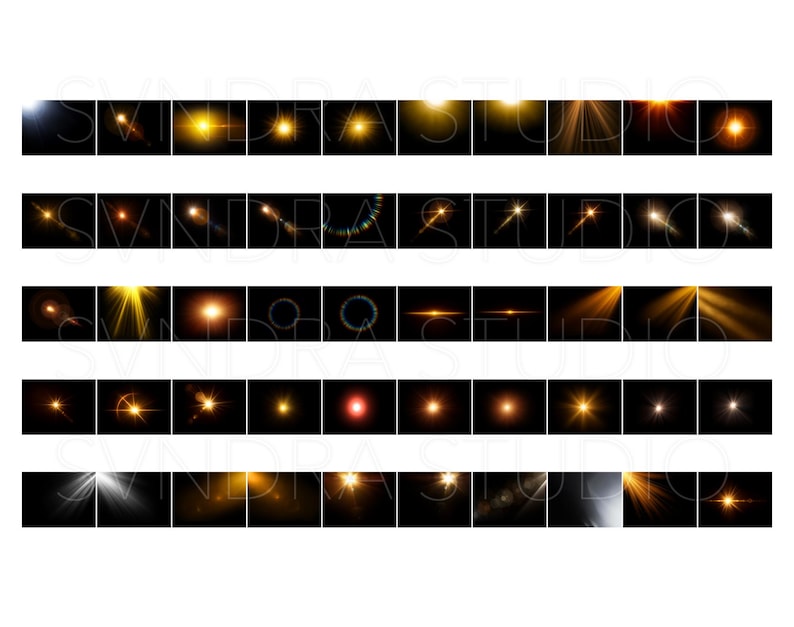May include: A collection of digital lens flare effects in various shapes and colors, including white, yellow, and orange. The flares are set against a black background, with some featuring streaks and starbursts.