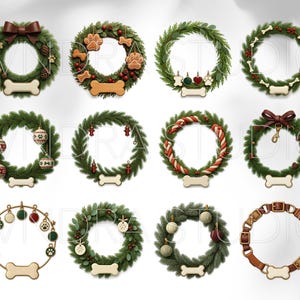Pode incluir: Uma cole&ccedil;&atilde;o de doze grinaldas com tema de c&atilde;es. As grinaldas s&atilde;o decoradas com v&aacute;rios elementos, incluindo pegadas de patas, ossos, ornamentos e la&ccedil;os. A paleta de cores inclui verde, castanho, vermelho e dourado. Cada grinalda tem uma etiqueta em forma de osso na parte inferior.