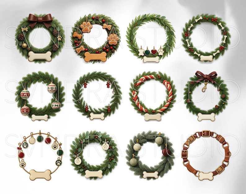 Pode incluir: Uma cole&ccedil;&atilde;o de doze grinaldas com tema de c&atilde;es. As grinaldas s&atilde;o decoradas com v&aacute;rios elementos, incluindo pegadas de patas, ossos, ornamentos e la&ccedil;os. A paleta de cores inclui verde, castanho, vermelho e dourado. Cada grinalda tem uma etiqueta em forma de osso na parte inferior.