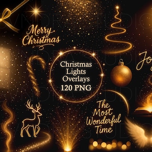 May include: Digital Christmas overlays in gold on a black backdrop. Features a Christmas tree, baubles, a reindeer, a candy cane, and the phrases "Merry Christmas", "Joy", and "The Most Wonderful Time".