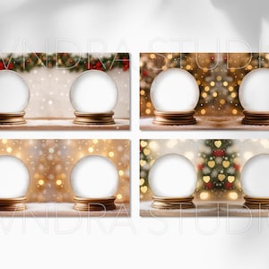 Puede incluir: Se muestran cuatro globos de nieve con esferas de vidrio transparente y bases doradas. Los fondos var&iacute;an, con elementos festivos como luces parpadeantes, copos de nieve y decoraciones navide&ntilde;as. Los globos est&aacute;n sobre una superficie de madera.