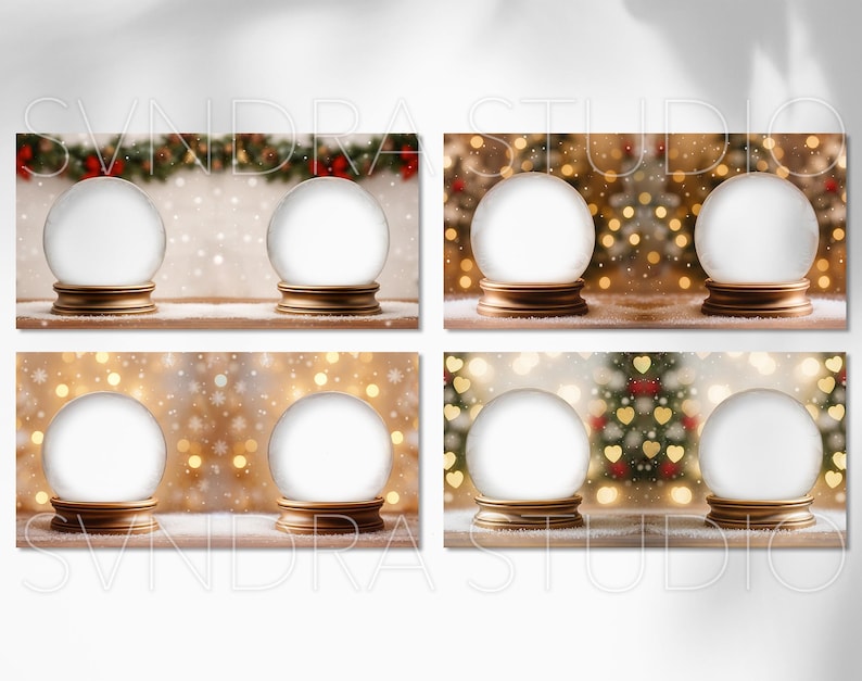 Puede incluir: Se muestran cuatro globos de nieve con esferas de vidrio transparente y bases doradas. Los fondos var&iacute;an, con elementos festivos como luces parpadeantes, copos de nieve y decoraciones navide&ntilde;as. Los globos est&aacute;n sobre una superficie de madera.