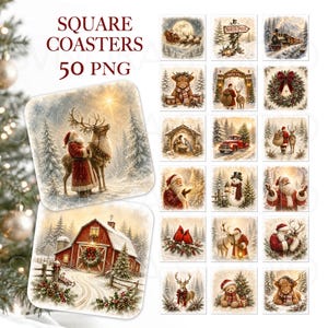 Puede incluir: Una colección de 50 posavasos cuadrados con ilustraciones de temática navideña, que incluyen a Santa Claus, renos, muñecos de nieve, paisajes invernales y graneros festivos. El texto SQUARE COASTERS 50 PNG aparece en la esquina superior izquierda.