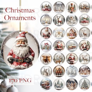 May include: A collection of round Christmas ornaments featuring various holiday designs including Santa Claus, reindeer, snow-covered trees, gingerbread houses, and nativity scenes. The text Christmas Ornaments and 170 PNG is visible.
