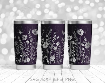 Könnte beinhalten: Drei Edelstahlbecher mit dunkelviolettem Hintergrund und einem weißen Blumenmuster. Das Design zeigt verschiedene Blumen, Blätter und Schmetterlinge.