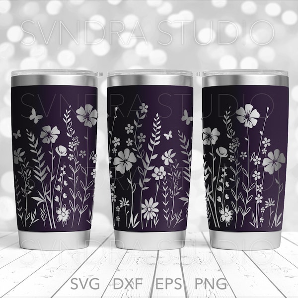 Wildflowers Laser Engraved SVG, Flowers 20oz Quencher Tumbler Wrap, Meadow Butterflies 20 oz Tumbler svg, Wildflower Tumbler Laser File