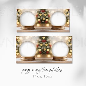 Puede incluir: Cuatro plantillas de tazas con un dise&ntilde;o de bola de nieve, base dorada y un fondo borroso de &aacute;rbol de Navidad con adornos en forma de coraz&oacute;n rojos y dorados. El texto "png mug templates" se muestra, junto con los tama&ntilde;os 11oz y 15oz.