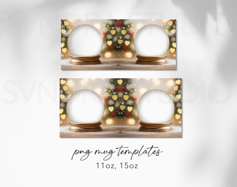 Puede incluir: Cuatro plantillas de tazas con un dise&ntilde;o de bola de nieve, base dorada y un fondo borroso de &aacute;rbol de Navidad con adornos en forma de coraz&oacute;n rojos y dorados. El texto "png mug templates" se muestra, junto con los tama&ntilde;os 11oz y 15oz.