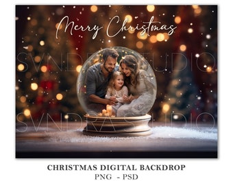May include: A digital backdrop featuring a family of three inside a snow globe. The snow globe is on a wooden surface with a blurred background of a Christmas tree with lights. The text "Merry Christmas" is at the top of the image.