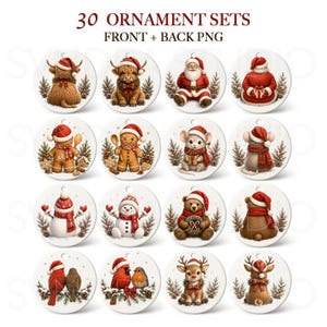 Può includere: Una collezione di 30 ornamenti rotondi che mostrano viste frontali e posteriori di personaggi natalizi, tra cui una mucca highland, Babbo Natale, un omino di pan di zenzero, un topo, un pupazzo di neve, un orso, uccelli e una renna.