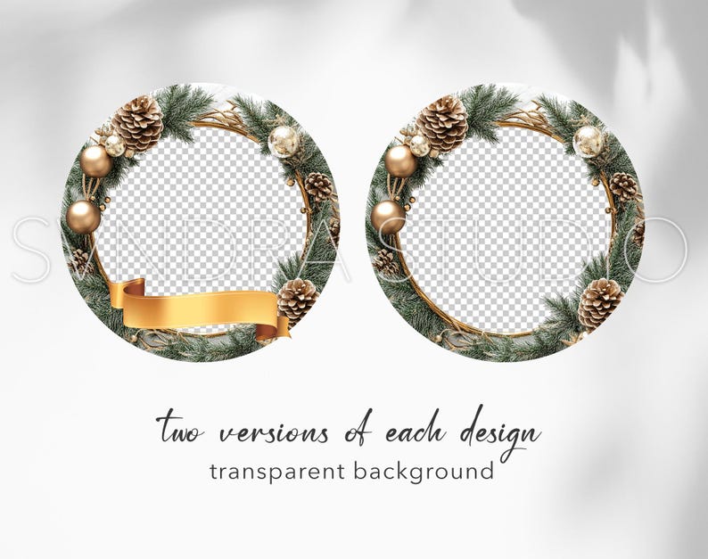 May include: Two round Christmas wreaths with a gold ribbon and pine branches, pine cones, and gold ornaments. The wreaths have a transparent background.