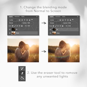 May include: A graphic showing steps to edit a photo in an image editing program. The steps include changing the blending mode from Normal to Screen and using the eraser tool to remove unwanted lights. The image also shows a couple embracing in a field at sunset.