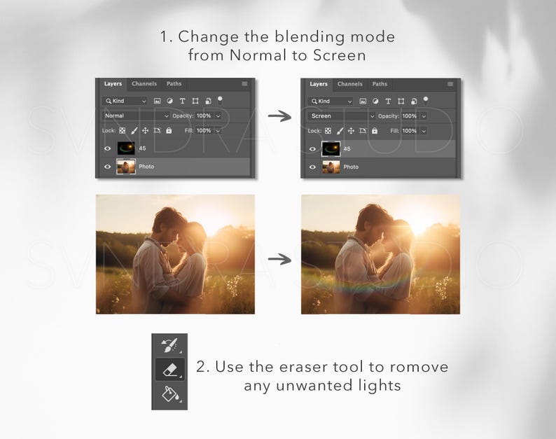 May include: A graphic showing steps to edit a photo in an image editing program. The steps include changing the blending mode from Normal to Screen and using the eraser tool to remove unwanted lights. The image also shows a couple embracing in a field at sunset.