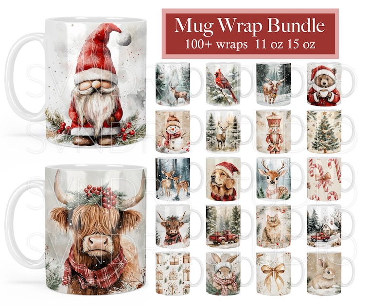 May include: A bundle of 100+ Christmas-themed mug wraps for 11 oz and 15 oz mugs. The wraps feature a variety of designs, including a snowman, a reindeer, a Santa Claus, a highland cow, and a winter scene with a red truck.
