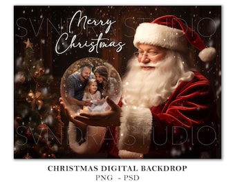 Cenário digital de Natal com Papai Noel, fundo digital para fotografia de Natal, sobreposição digital de Natal, modelo de Natal com Papai Noel em PNG e PSD.