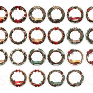 May include: Set of 24 digital clipart images of Christmas wreaths with various decorations, including red bows, pine cones, berries, and ribbons. The wreaths are in a variety of styles, including rustic, elegant, and modern.