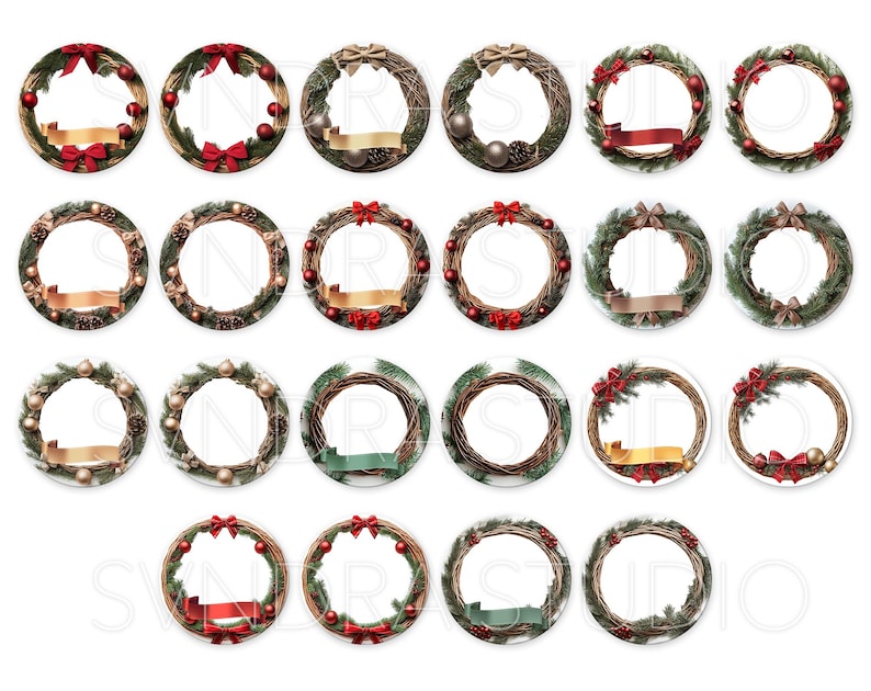 May include: Set of 24 digital clipart images of Christmas wreaths with various decorations, including red bows, pine cones, berries, and ribbons. The wreaths are in a variety of styles, including rustic, elegant, and modern.