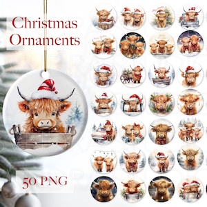 Highland Cow Christmas Ornaments Sublimation, Christmas Ornament Bundle, Baby Highland Cow Christmas Round Ornament png, Ornaments Designs