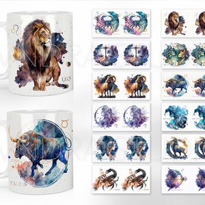 Zodiac Bundle Mug Press Sublimation Design, Zodiac Sign Mug Sublimation, Zodiac Watercolor Mug Full Wrap Template, 11oz 12oz 15oz png