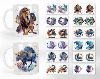 Zodiac Bundle Mug Press Sublimation Design, Zodiac Sign Mug Sublimation, Zodiac Watercolor Mug Full Wrap Template, 11oz 12oz 15oz png