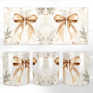 May include: Three white ceramic mugs with a brown and white floral pattern and a brown bow design. The mugs have a handle on the right side.