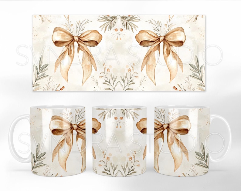 May include: Three white ceramic mugs with a brown and white floral pattern and a brown bow design. The mugs have a handle on the right side.