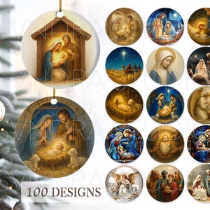 Enfeites de Natal de Presépio png, Enfeite de Natal de Anjos png, Enfeite Redondo 3D png, Pacote de Sublimação de Enfeites de Natal de Jesus
