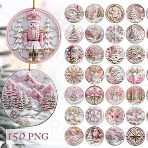 Enfeites de Natal rosa 3D png, pacote de enfeites de Natal, designs de enfeites de sublimação, pacote de enfeites redondos 3D png