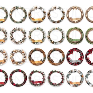 May include: Twenty-four round Christmas wreath designs with various colors and themes. The wreaths are decorated with pine branches, berries, ornaments, and ribbons.