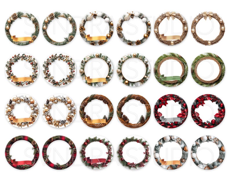 May include: Twenty-four round Christmas wreath designs with various colors and themes. The wreaths are decorated with pine branches, berries, ornaments, and ribbons.
