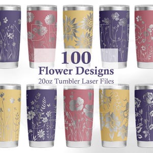 Peut inclure: 100 motifs floraux pour gobelets de 20 oz. Les motifs sont des fichiers découpés au laser et présentent une variété de motifs floraux en argent sur différents fonds colorés. Les fonds comprennent le violet, le jaune, le rose et le bleu.