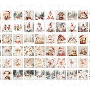 May include: A set of 48 watercolor illustrations featuring winter holiday themes. The illustrations include animals, gnomes, and winter scenes. The illustrations are in a soft, muted color palette.
