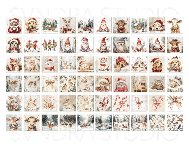 May include: A set of 48 watercolor illustrations featuring winter holiday themes. The illustrations include animals, gnomes, and winter scenes. The illustrations are in a soft, muted color palette.