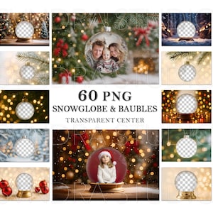 May include: A collection of 60 PNG snowglobes and baubles with transparent centers. The images feature various holiday-themed backgrounds, including Christmas trees, bokeh lights, and winter scenes. Each snowglobe is ready for custom images.