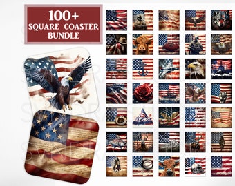 American Flag Square Coaster png, 4th Of July Square Coasters, American Eagle Square Coaster Sublimation Design, car Coaster png Bundle