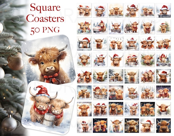 Christmas Square Coaster png, Christmas Highland Cow Coasters, Christmas Square Coaster Sublimation Designs, Christmas Coaster png Bundle