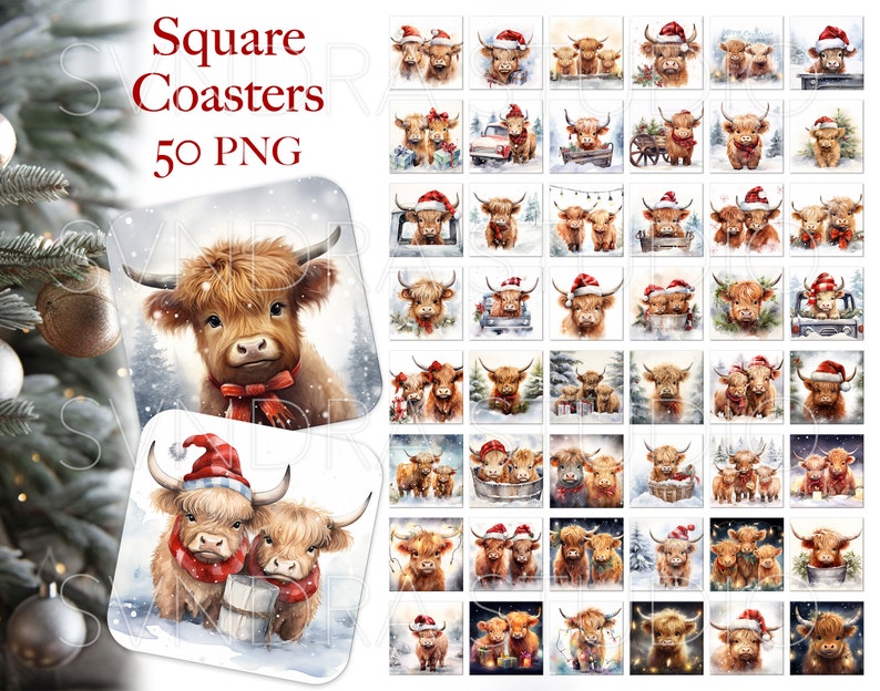 May include: Square coasters featuring watercolor illustrations of Highland cows in a snowy winter scene. Each coaster showcases a different festive design, with cows wearing Santa hats and scarves. The text "Square Coasters 50 PNG" is visible.