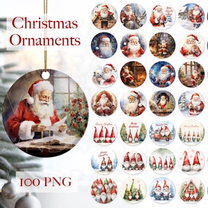Sublimazione degli ornamenti natalizi, pacchetto di ornamenti natalizi di Babbo Natale, ornamento rotondo di Natale degli gnomi png, disegni di ornamenti download digitale