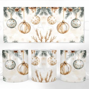 May include: Three white ceramic mugs with a winter holiday design. The mugs feature a repeating pattern of green pine branches, gold and blue ornaments, and white snowflakes on a cream background.
