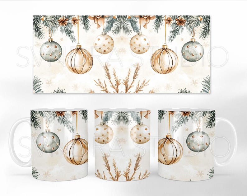 May include: Three white ceramic mugs with a winter holiday design. The mugs feature a repeating pattern of green pine branches, gold and blue ornaments, and white snowflakes on a cream background.