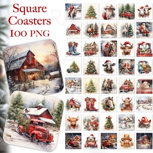 Christmas Square Coaster png, Christmas Red Truck Coasters, Christmas Square Coaster Sublimation Designs, Farm Christmas Coaster png Bundle