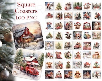 Christmas Square Coaster png, Christmas Red Truck Coasters, Christmas Square Coaster Sublimation Designs, farm Christmas Coaster png Bundle