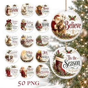 Peut inclure: Une collection d'ornements de Noël ronds présentant des illustrations de style vintage représentant le Père Noël, des rennes, des bonhommes de neige et de la verdure festive. Chaque ornement affiche du texte comme Believe et Tis the Season.