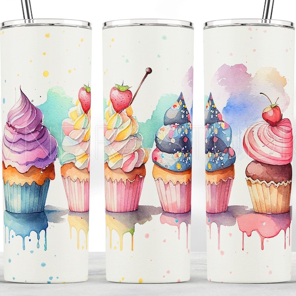 Cupcake Tumbler Wrap png, Cupcakes Tumbler Wrap, Aquarelle Cupcakes Tumbler png, Sweets Cupcake 20 oz Skinny Tumbler Sublimation