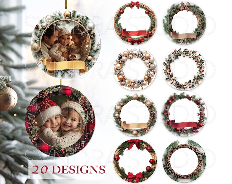 May include: Twenty Christmas ornament designs featuring wreaths with various embellishments, including red and gold bows, pine cones, berries, and ornaments. Some ornaments feature a photo frame.
