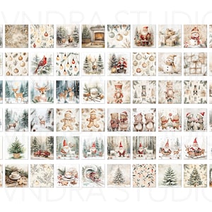 May include: A set of 48 digital Christmas illustrations featuring various winter scenes, including snowmen, reindeer, Santa Claus, and winter trees. The illustrations are in a watercolor style and have a vintage feel.