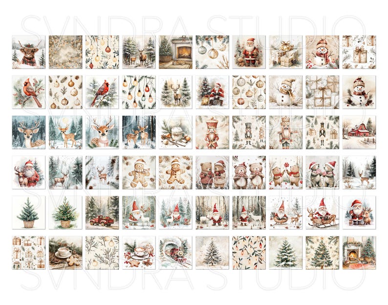May include: A set of 48 digital Christmas illustrations featuring various winter scenes, including snowmen, reindeer, Santa Claus, and winter trees. The illustrations are in a watercolor style and have a vintage feel.