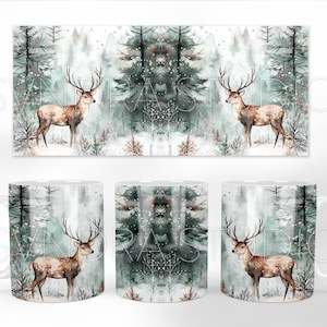 May include: White ceramic mug with a winter forest scene featuring two deer in a snowy woodland setting. The background is a watercolor style with shades of green, blue, and white.