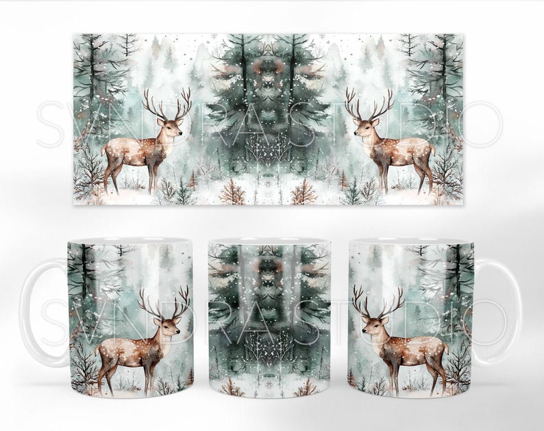 May include: White ceramic mug with a winter forest scene featuring two deer in a snowy woodland setting. The background is a watercolor style with shades of green, blue, and white.